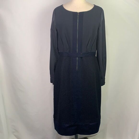 Elie Tahari blue mixed texture zip front/belted dress
